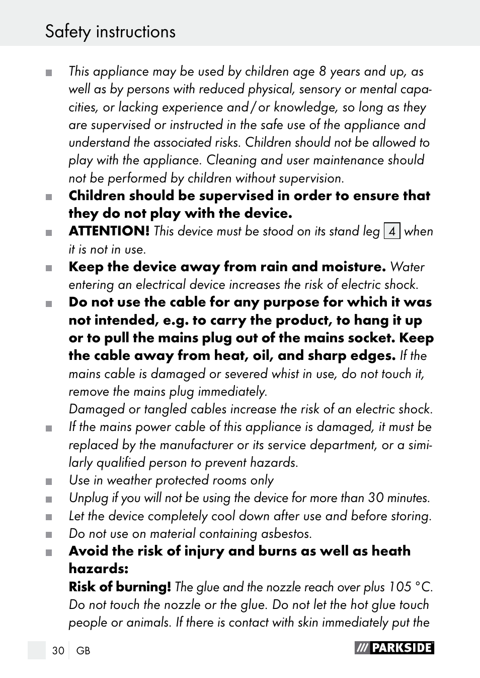 Safety instructions / start-up safety instructions | Parkside PNKP 105 A1 User Manual | Page 30 / 36