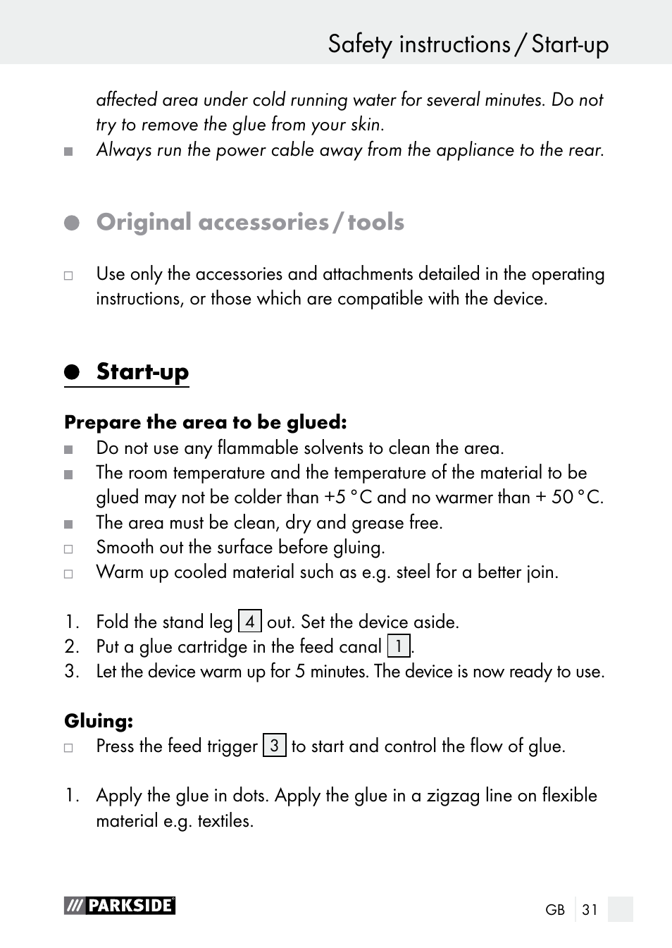 Safety instructions / start-up safety instructions, Original accessories / tools, Start-up | Parkside PNKP 105 A1 User Manual | Page 31 / 36
