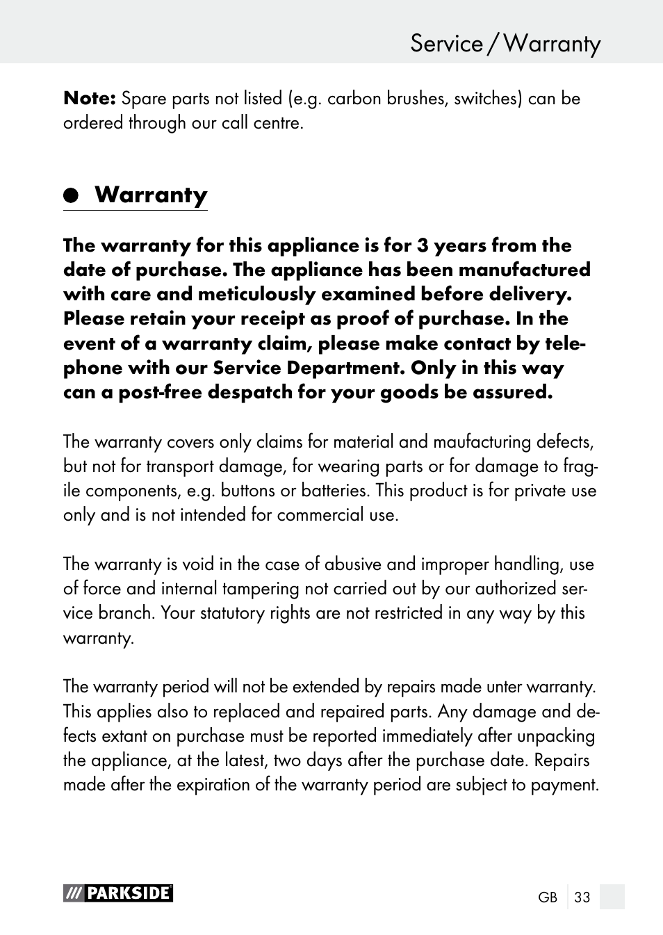 Warranty | Parkside PNKP 105 A1 User Manual | Page 33 / 36