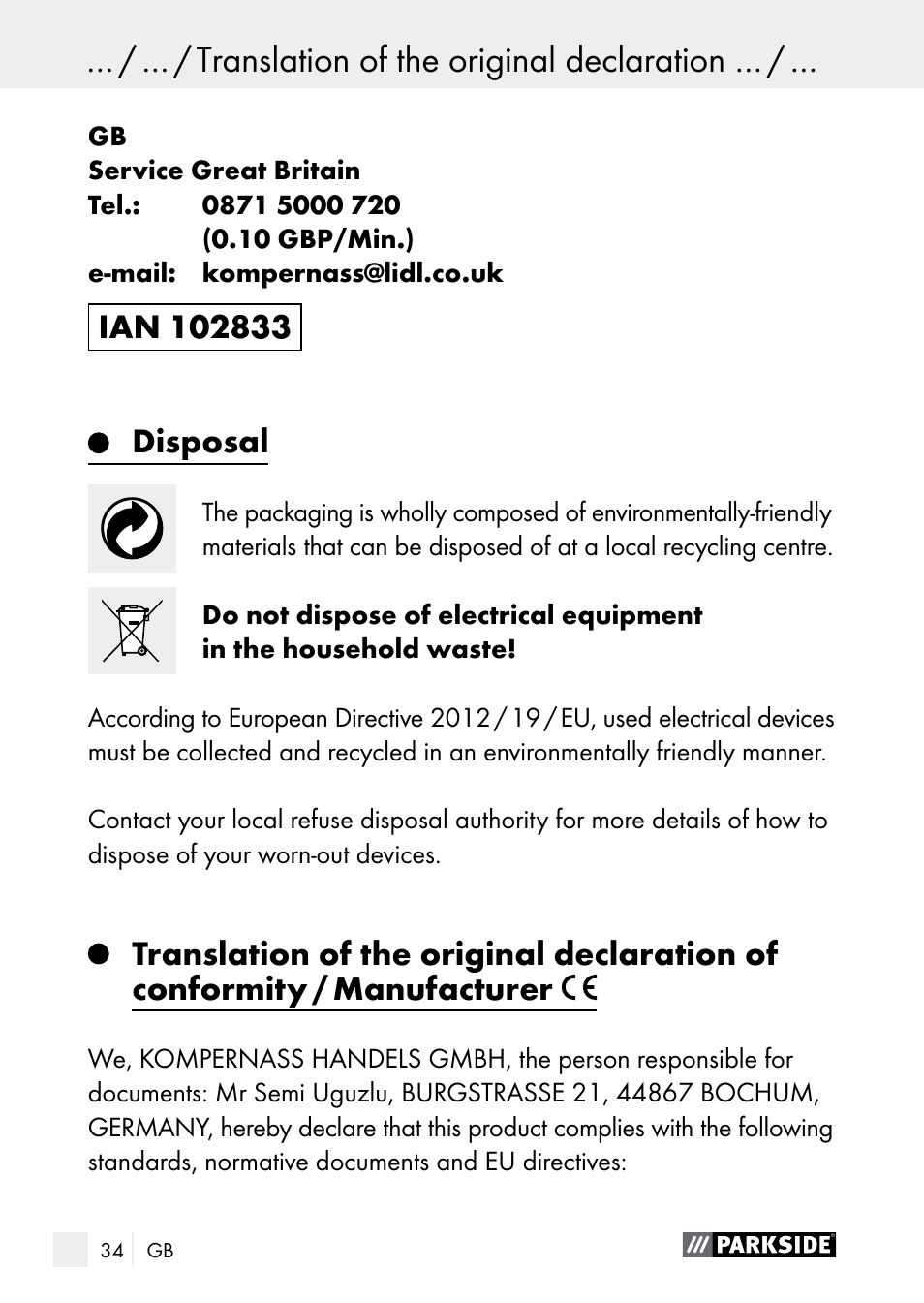 Disposal | Parkside PNKP 105 A1 User Manual | Page 34 / 36