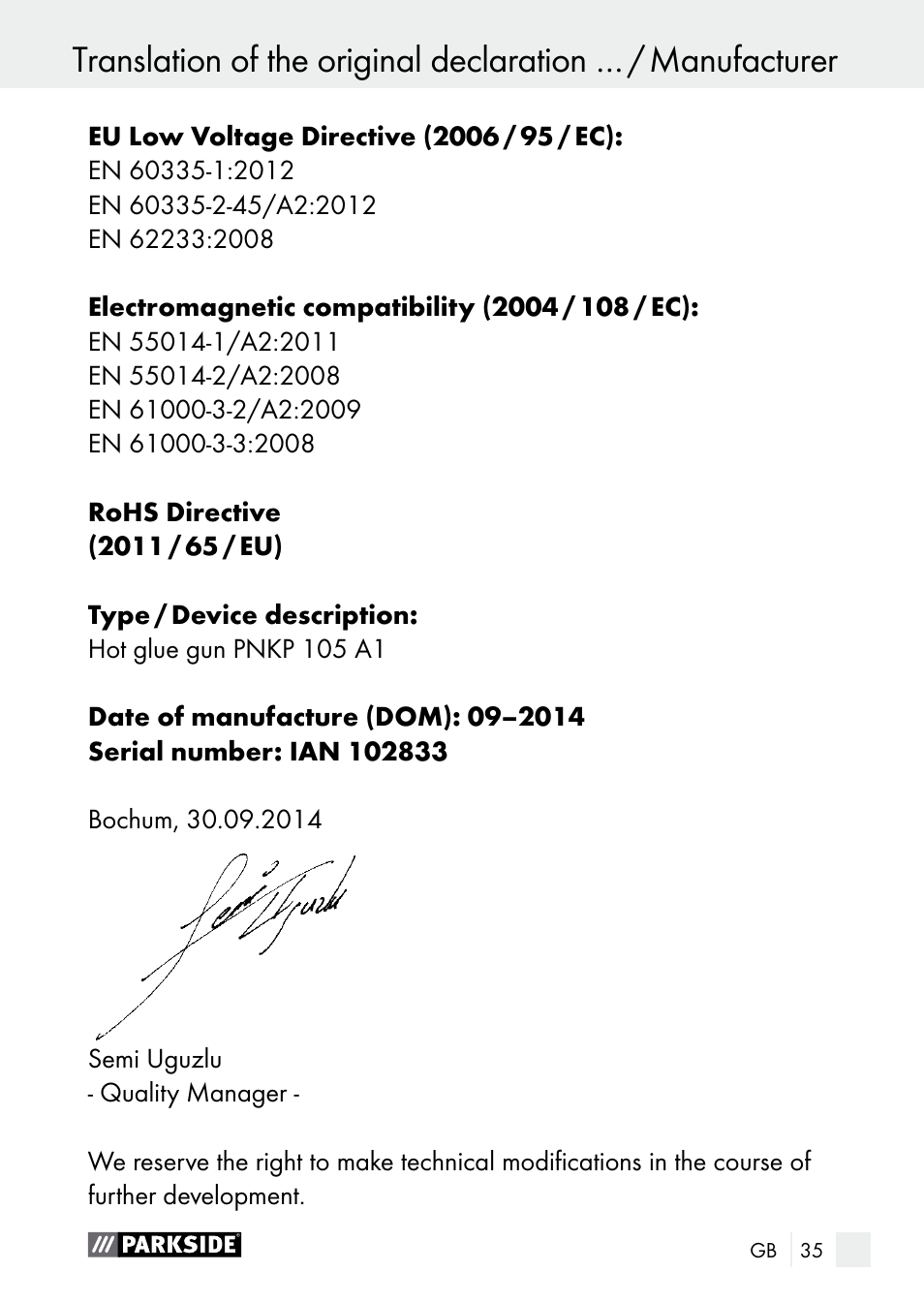 Parkside PNKP 105 A1 User Manual | Page 35 / 36