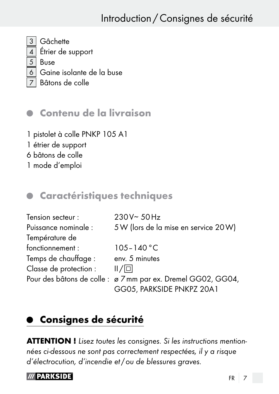 Introduction / consignes de sécurité introduction, Contenu de la livraison, Caractéristiques techniques | Consignes de sécurité | Parkside PNKP 105 A1 User Manual | Page 7 / 36