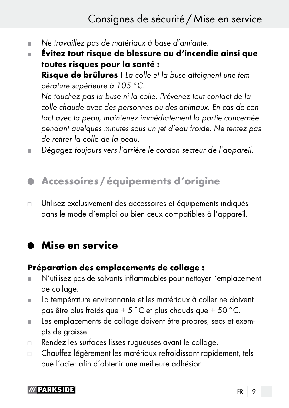 Accessoires / équipements d‘origine, Mise en service | Parkside PNKP 105 A1 User Manual | Page 9 / 36