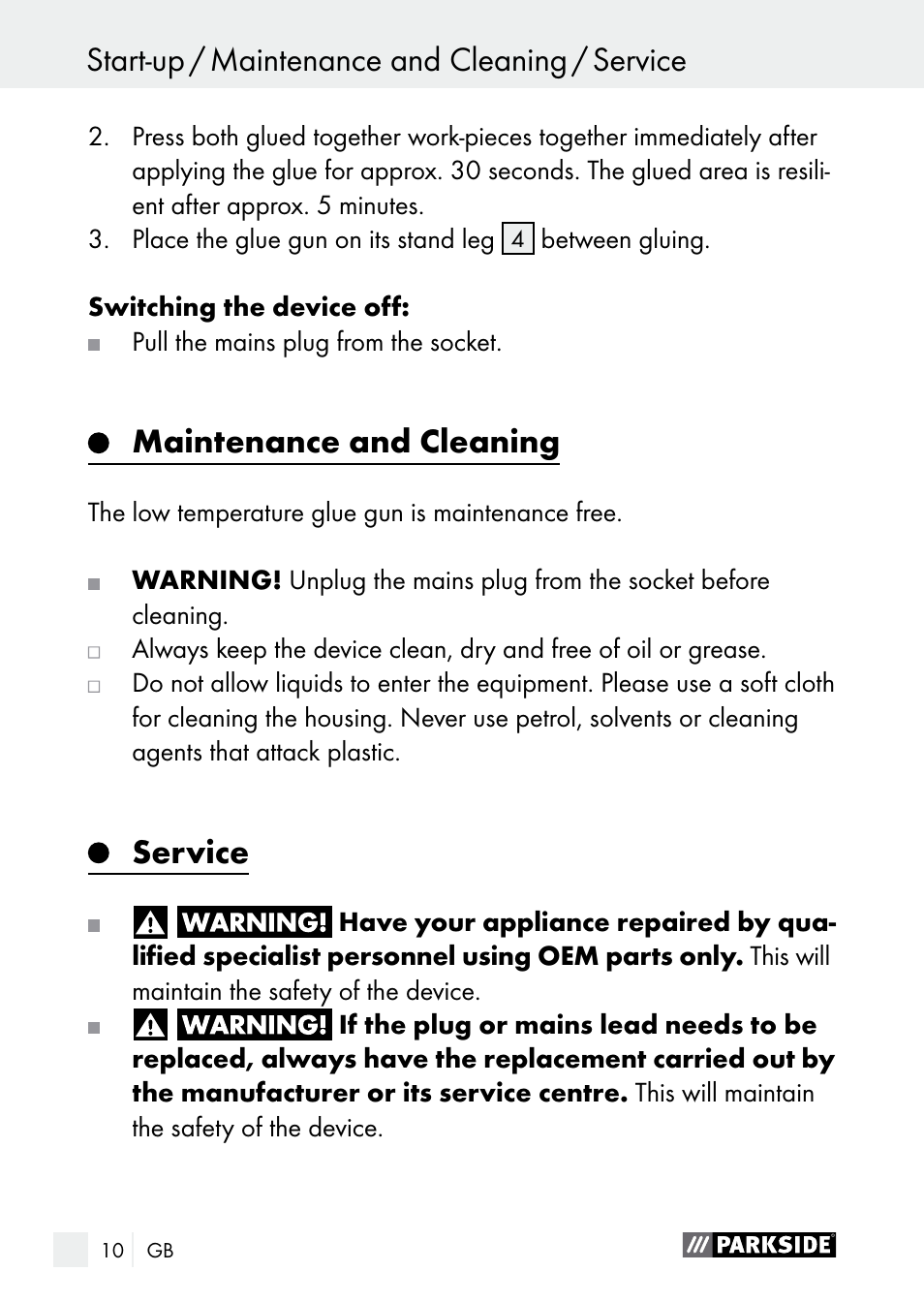 Maintenance and cleaning, Service | Parkside PNKP 105 A1 User Manual | Page 10 / 66
