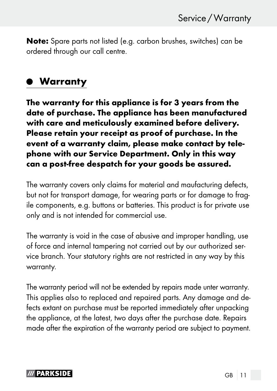 Warranty | Parkside PNKP 105 A1 User Manual | Page 11 / 66