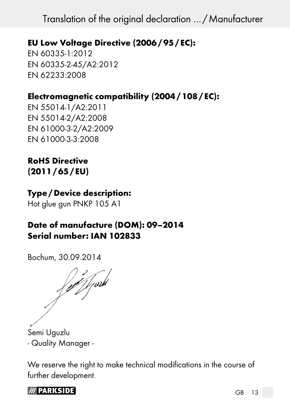 Parkside PNKP 105 A1 User Manual | Page 13 / 66