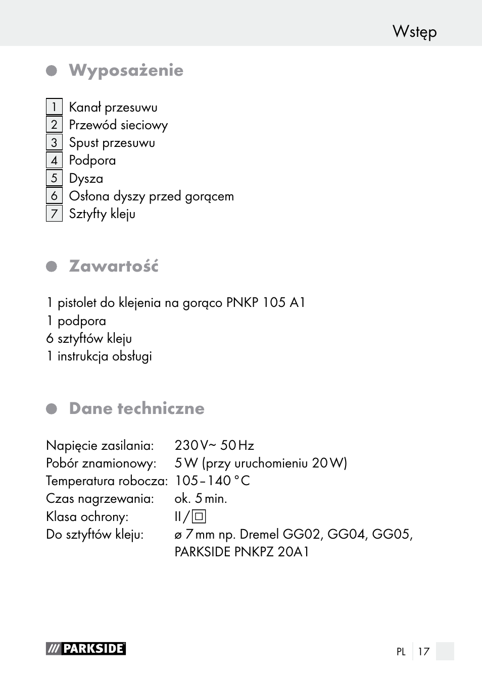 Wstęp, Wstęp wyposażenie, Zawartość | Dane techniczne | Parkside PNKP 105 A1 User Manual | Page 17 / 66