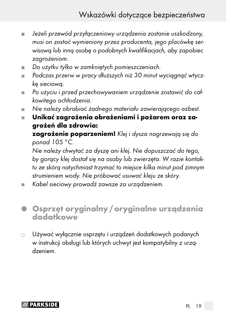 Wskazówki dotyczące bezpieczeństwa | Parkside PNKP 105 A1 User Manual | Page 19 / 66