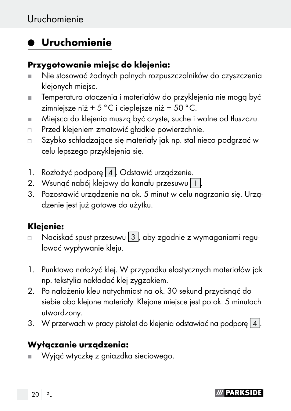 Uruchomienie | Parkside PNKP 105 A1 User Manual | Page 20 / 66