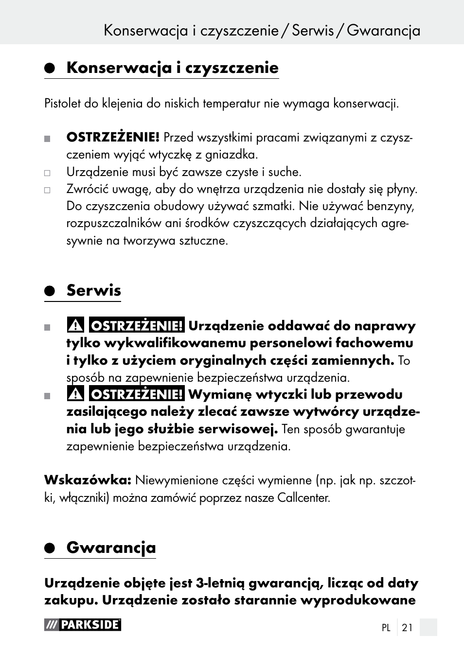 Konserwacja i czyszczenie, Serwis, Gwarancja | Parkside PNKP 105 A1 User Manual | Page 21 / 66