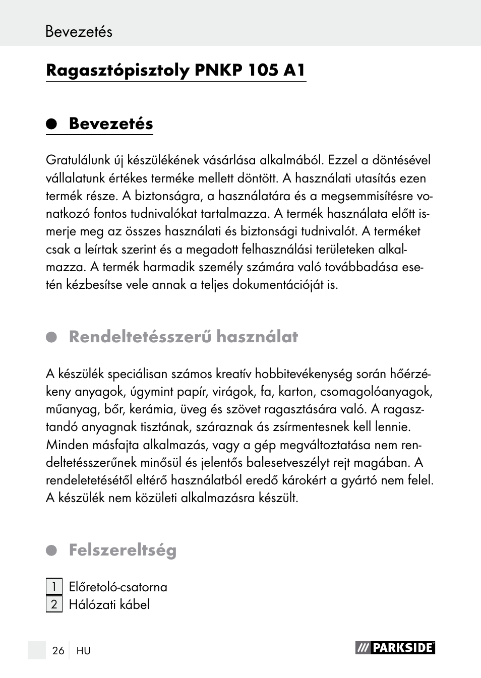 Rendeltetésszerű használat, Felszereltség | Parkside PNKP 105 A1 User Manual | Page 26 / 66