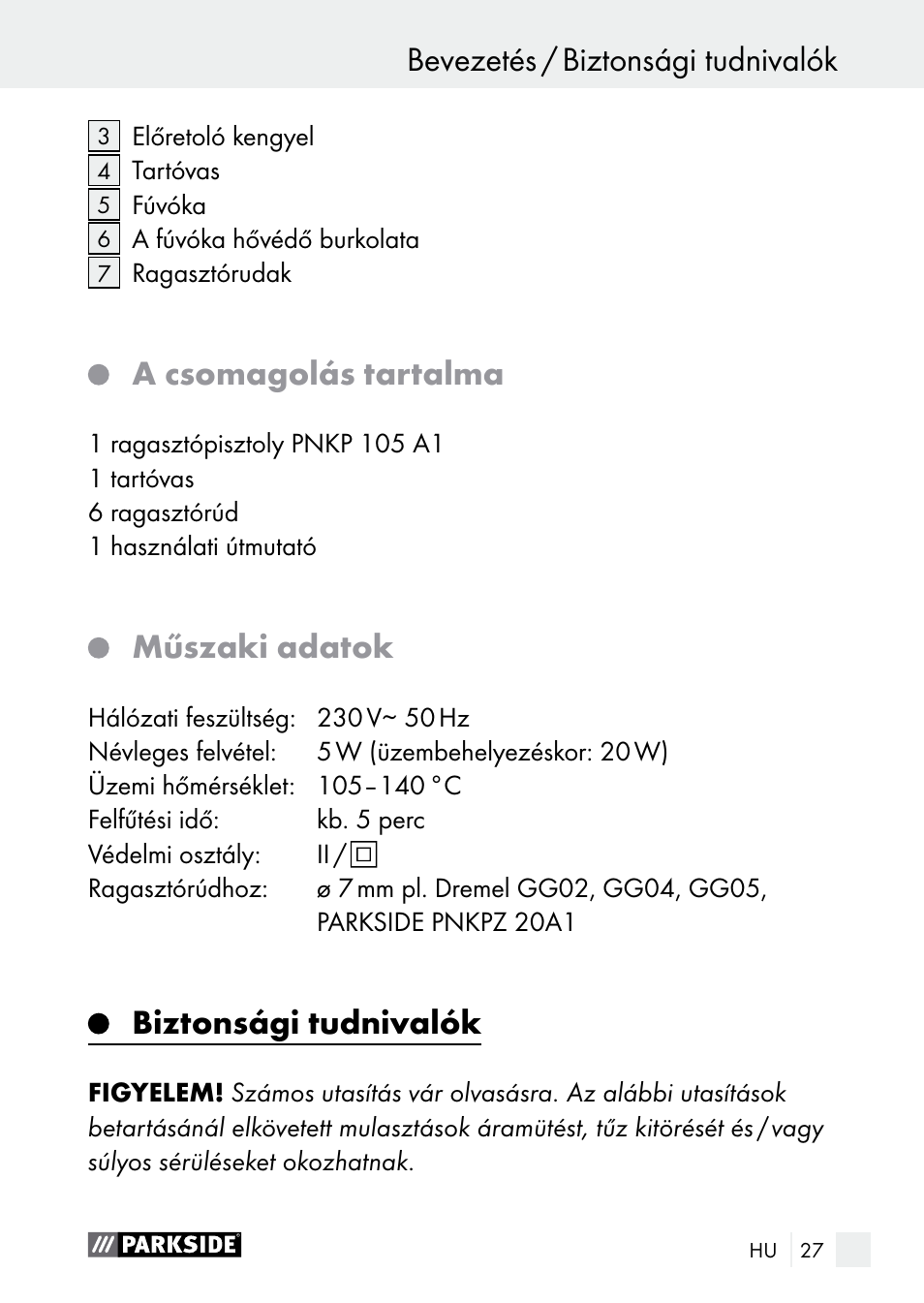 Bevezetés / biztonsági tudnivalók bevezetés, A csomagolás tartalma, Műszaki adatok | Biztonsági tudnivalók | Parkside PNKP 105 A1 User Manual | Page 27 / 66