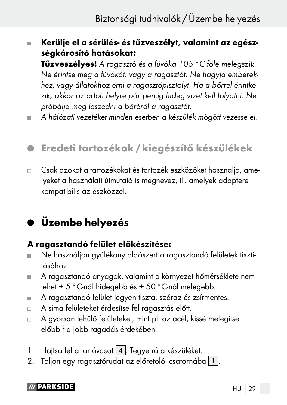 Eredeti tartozékok / kiegészítő készülékek, Üzembe helyezés | Parkside PNKP 105 A1 User Manual | Page 29 / 66
