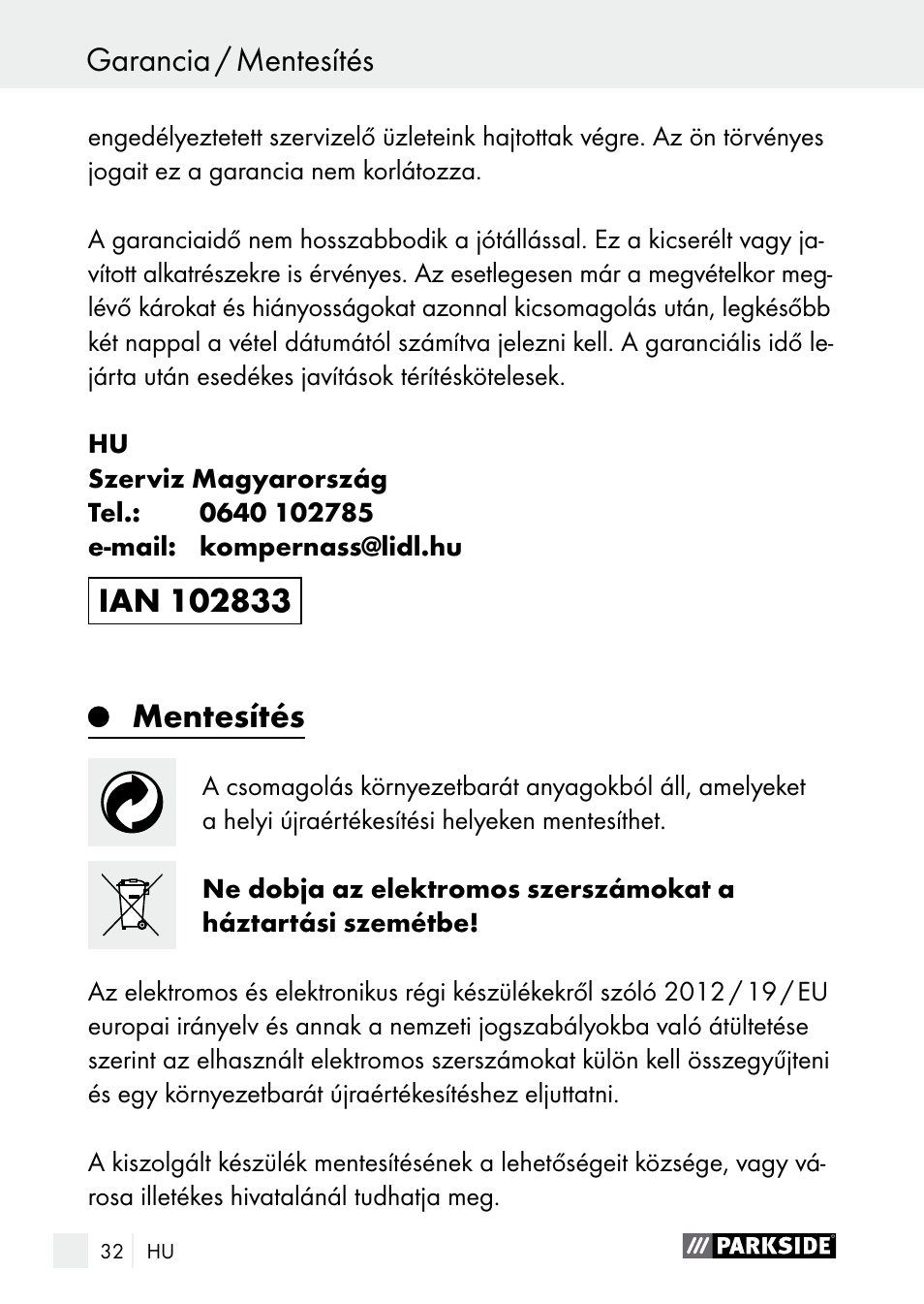 Mentesítés | Parkside PNKP 105 A1 User Manual | Page 32 / 66