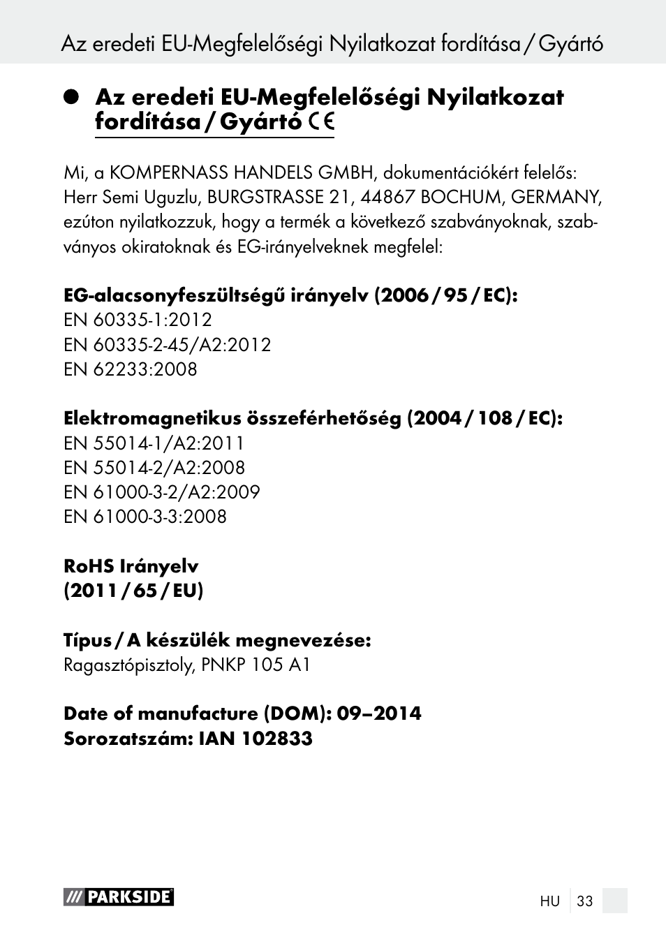 Parkside PNKP 105 A1 User Manual | Page 33 / 66