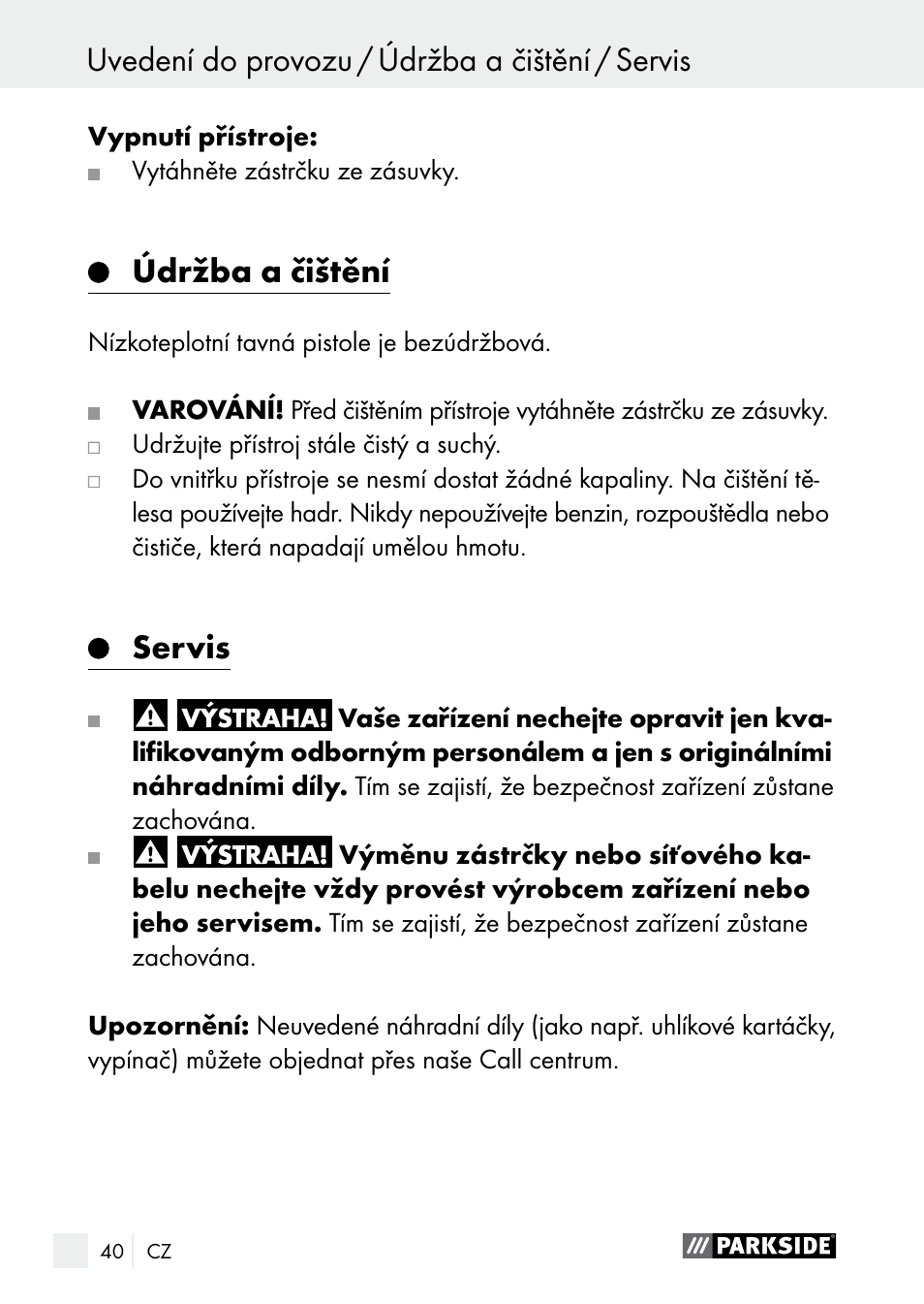 Údržba a čištění, Servis | Parkside PNKP 105 A1 User Manual | Page 40 / 66