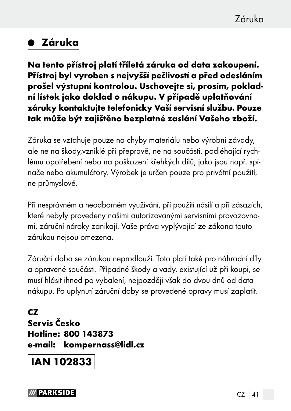 Záruka | Parkside PNKP 105 A1 User Manual | Page 41 / 66