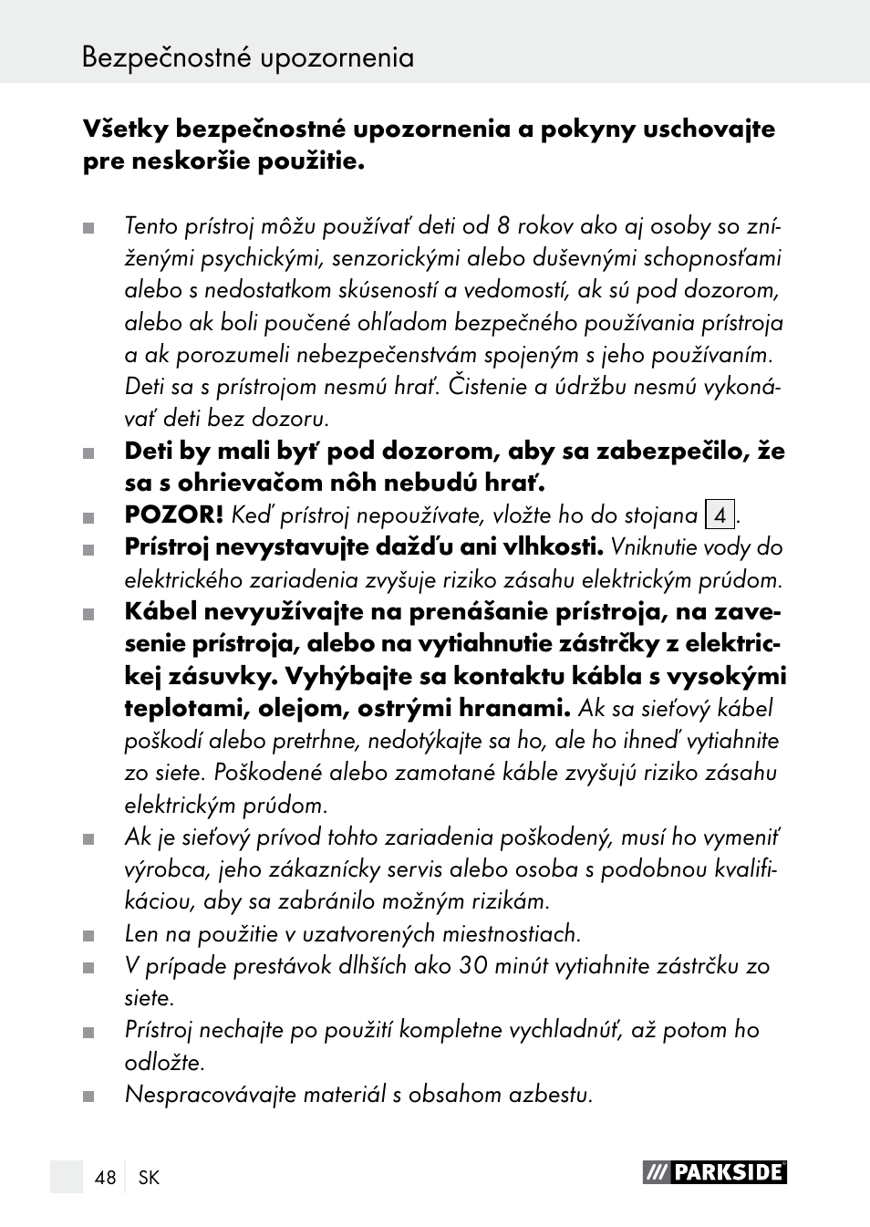 Bezpečnostné upozornenia, Bezpečnostné upozornenia / uvedenie do prevádzky | Parkside PNKP 105 A1 User Manual | Page 48 / 66