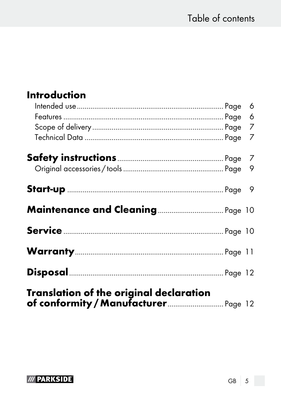 Table of contents introduction, Safety instructions, Start-up | Maintenance and cleaning, Service, Warranty, Disposal | Parkside PNKP 105 A1 User Manual | Page 5 / 66