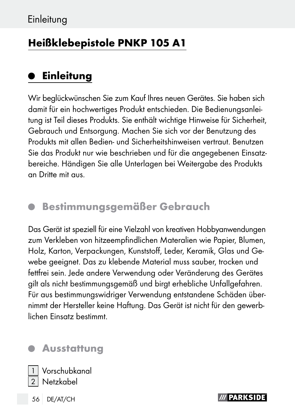 Heißklebepistole pnkp 105 a1, Einleitung, Bestimmungsgemäßer gebrauch | Ausstattung, Einleitung / sicherheitshinweise einleitung | Parkside PNKP 105 A1 User Manual | Page 56 / 66