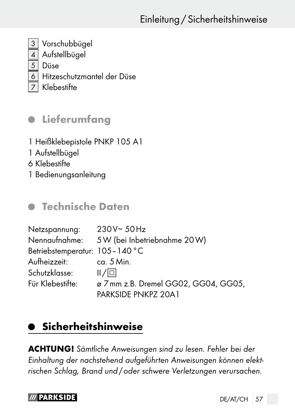 Lieferumfang, Technische daten, Sicherheitshinweise | Einleitung / sicherheitshinweise einleitung | Parkside PNKP 105 A1 User Manual | Page 57 / 66