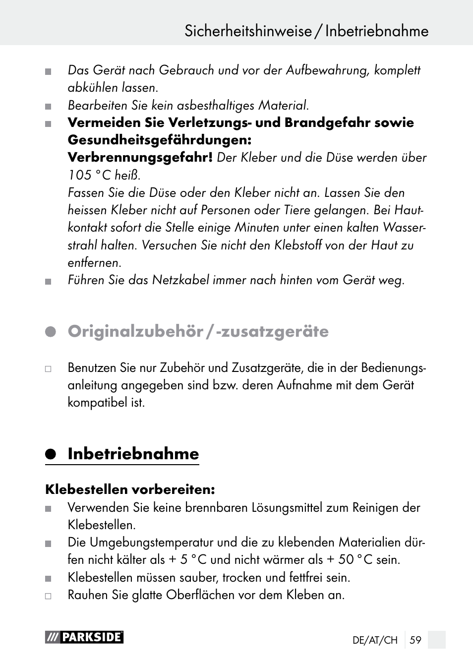 Originalzubehör / -zusatzgeräte, Inbetriebnahme | Parkside PNKP 105 A1 User Manual | Page 59 / 66