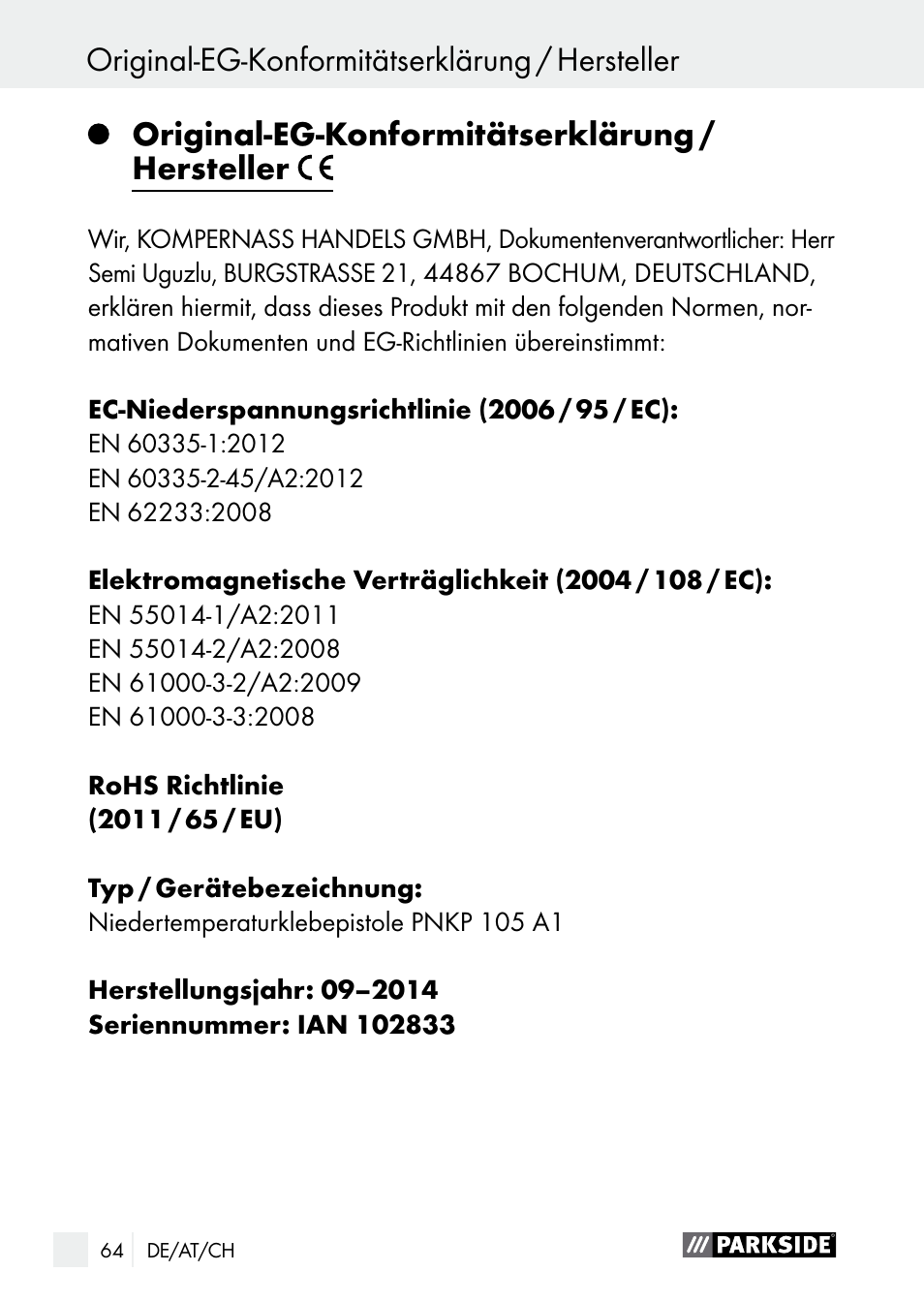 Original-eg-konformitätserklärung / hersteller | Parkside PNKP 105 A1 User Manual | Page 64 / 66