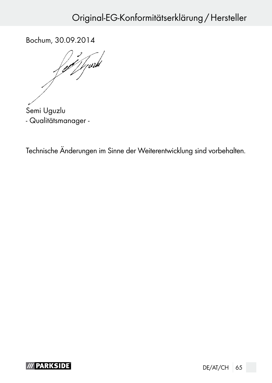 Original-eg-konformitätserklärung / hersteller | Parkside PNKP 105 A1 User Manual | Page 65 / 66