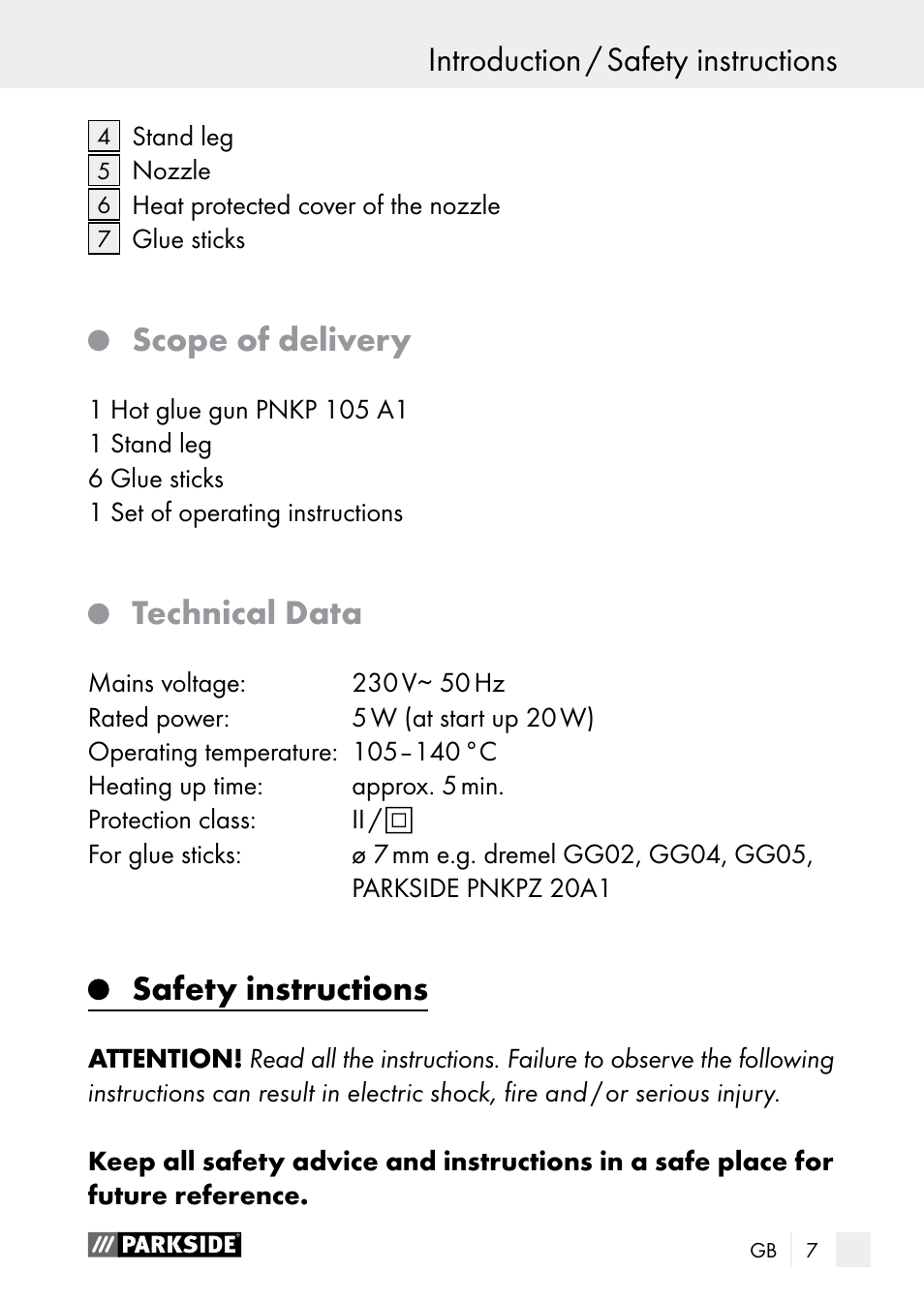 Scope of delivery, Technical data, Safety instructions | Introduction introduction / safety instructions | Parkside PNKP 105 A1 User Manual | Page 7 / 66