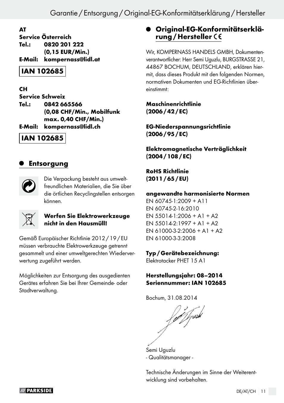Entsorgung, Original-eg-konformitätserklä- rung / hersteller | Parkside PHET 15 A1 User Manual | Page 11 / 35