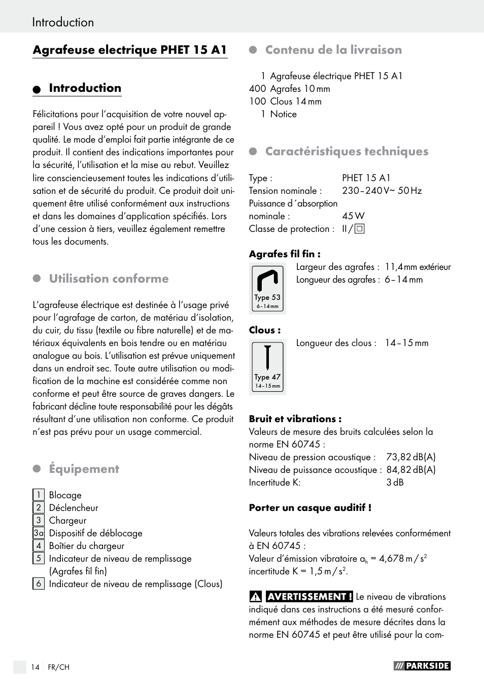 Agrafeuse electrique phet 15 a1, Introduction, Utilisation conforme | Équipement, Contenu de la livraison, Caractéristiques techniques | Parkside PHET 15 A1 User Manual | Page 14 / 35