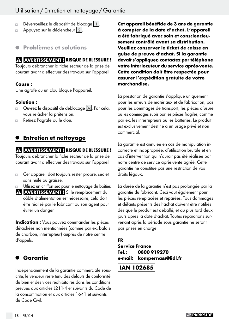 Problèmes et solutions, Entretien et nettoyage, Garantie | Parkside PHET 15 A1 User Manual | Page 18 / 35