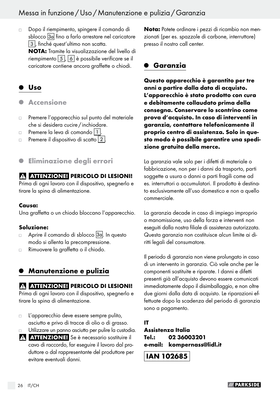 Accensione, Eliminazione degli errori, Manutenzione e pulizia | Garanzia | Parkside PHET 15 A1 User Manual | Page 26 / 35