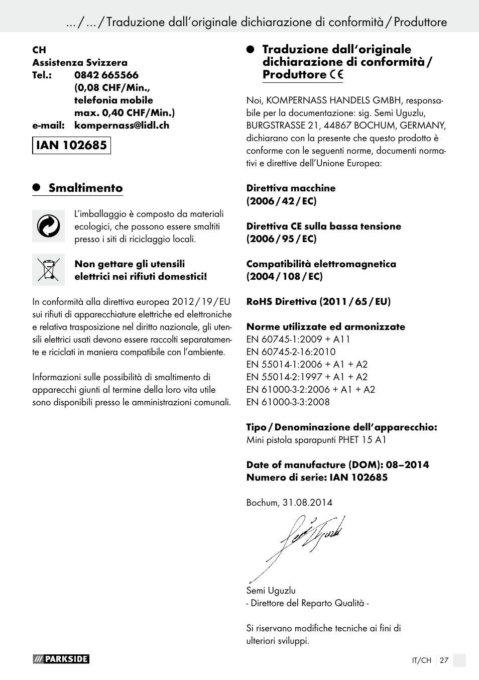 Smaltimento | Parkside PHET 15 A1 User Manual | Page 27 / 35
