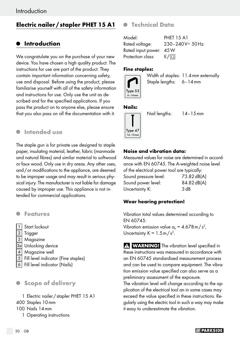 Electric nailer / stapler phet 15 a1, Introduction, Intended use | Features, Scope of delivery, Technical data | Parkside PHET 15 A1 User Manual | Page 30 / 35