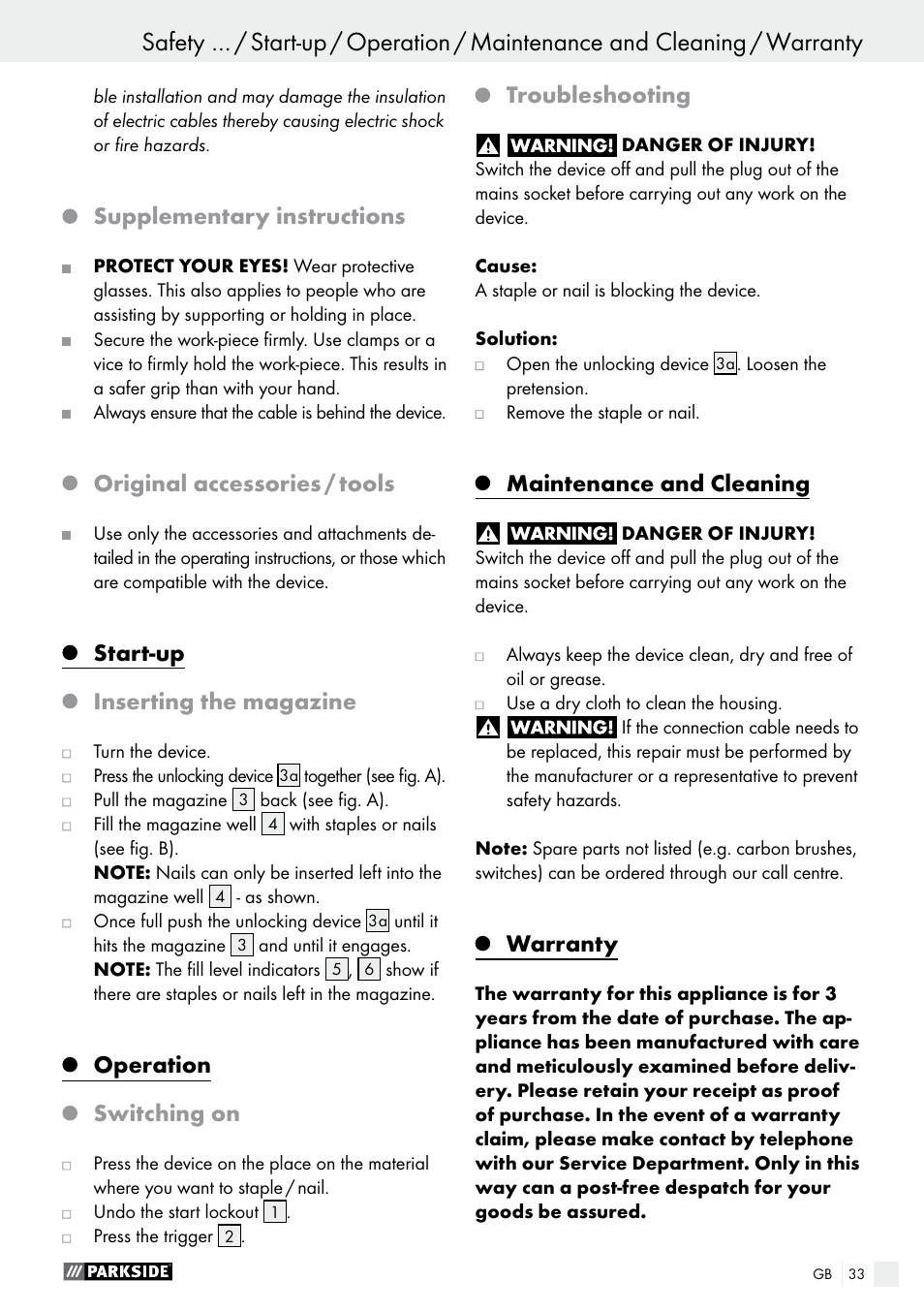 Supplementary instructions, Original accessories / tools, Start-up | Inserting the magazine, Operation, Switching on, Troubleshooting, Maintenance and cleaning, Warranty | Parkside PHET 15 A1 User Manual | Page 33 / 35