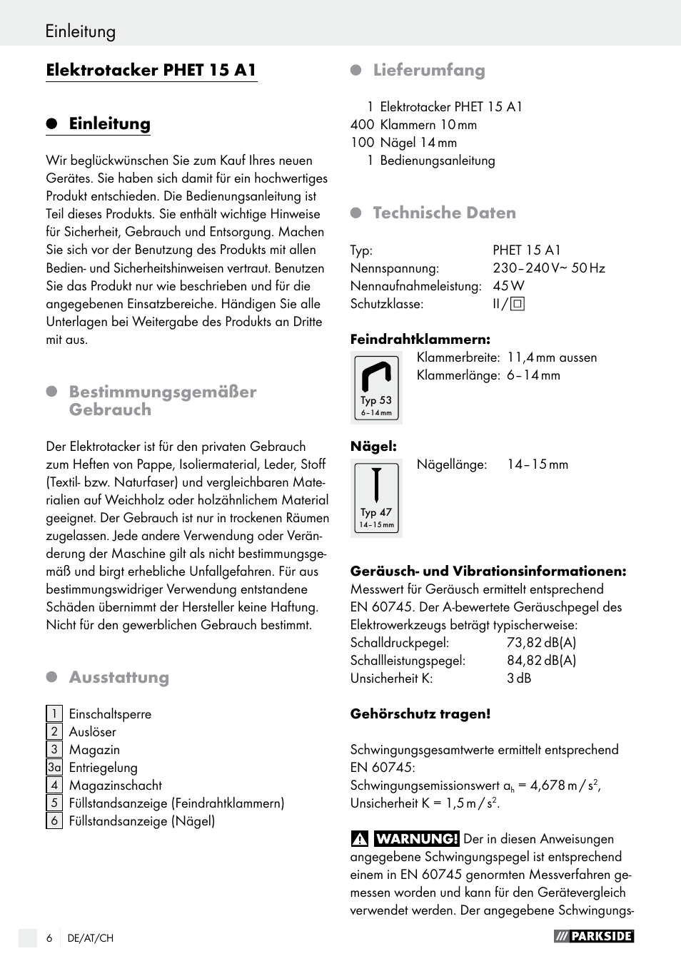 Elektrotacker phet 15 a1, Einleitung, Bestimmungsgemäßer gebrauch | Ausstattung, Lieferumfang, Technische daten | Parkside PHET 15 A1 User Manual | Page 6 / 35