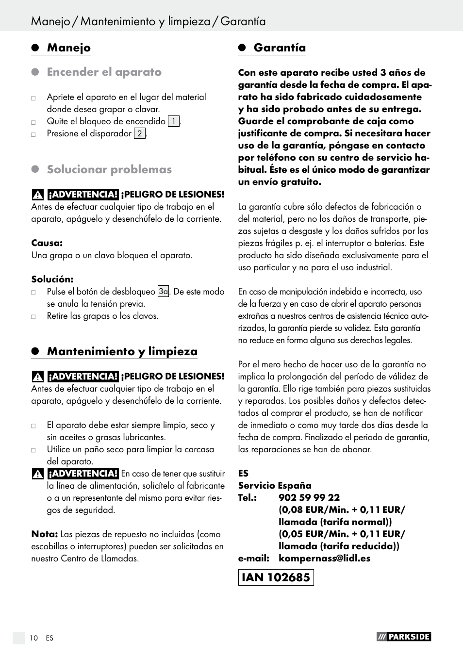 Manejo, Encender el aparato, Solucionar problemas | Mantenimiento y limpieza, Garantía | Parkside PHET 15 A1 User Manual | Page 10 / 44