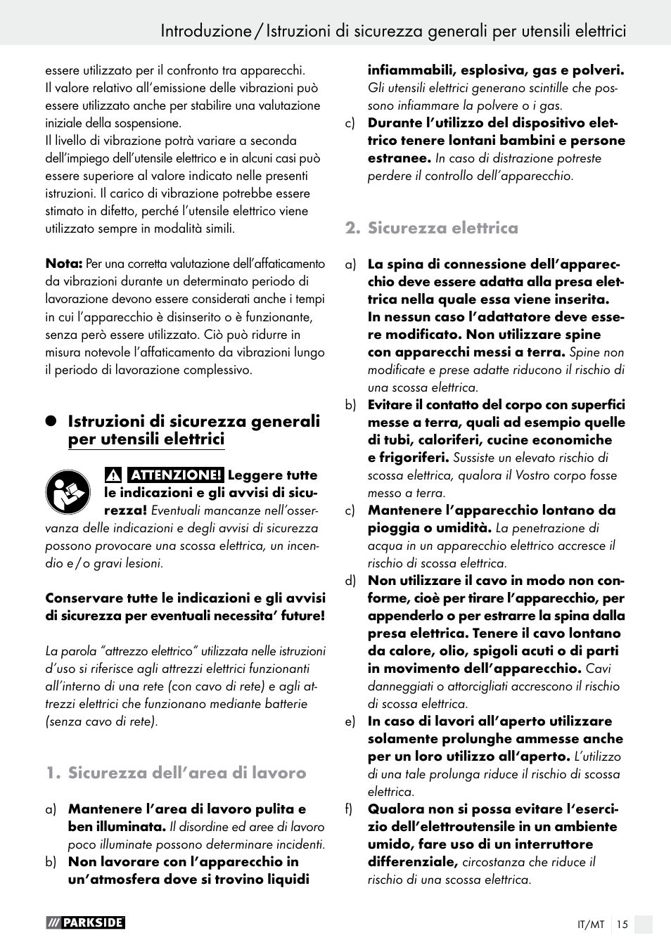Sicurezza dell’area di lavoro, Sicurezza elettrica | Parkside PHET 15 A1 User Manual | Page 15 / 44
