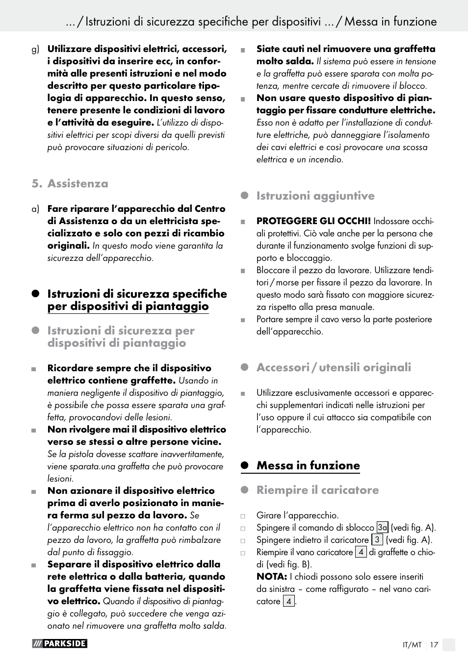 Assistenza, Istruzioni aggiuntive, Accessori / utensili originali | Messa in funzione, Riempire il caricatore | Parkside PHET 15 A1 User Manual | Page 17 / 44