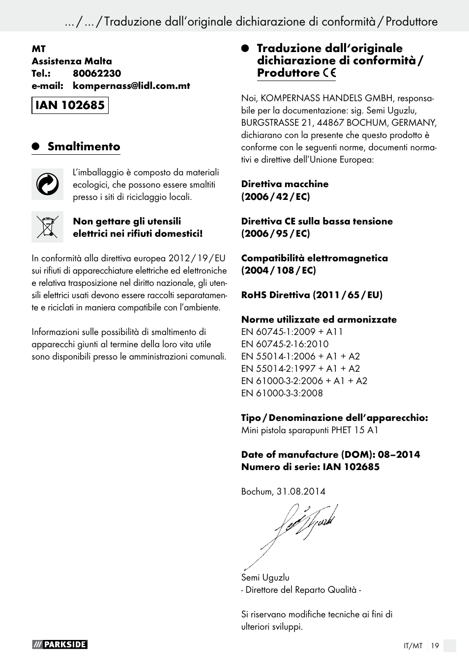 Smaltimento | Parkside PHET 15 A1 User Manual | Page 19 / 44