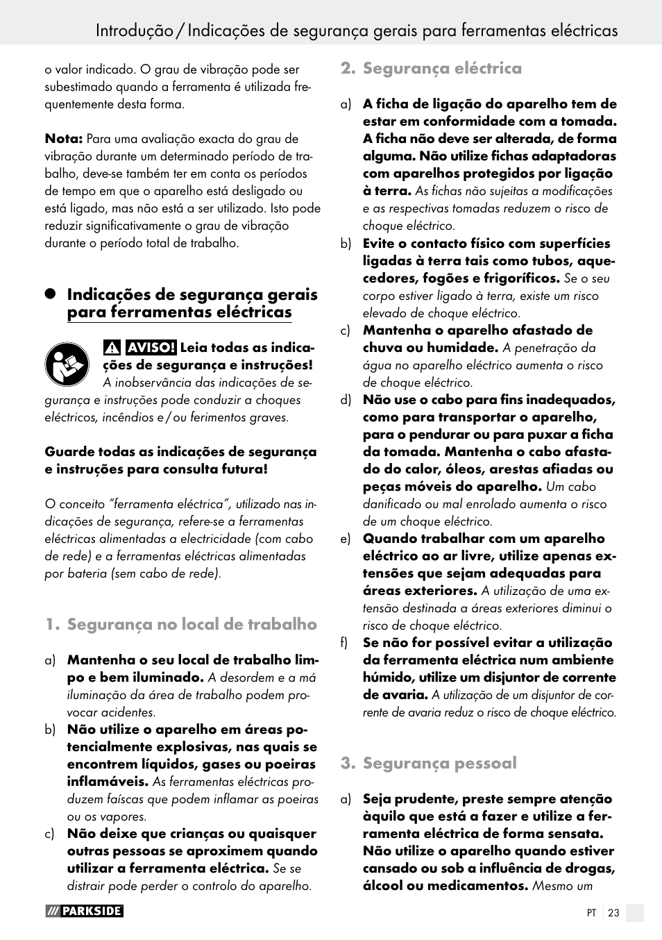 Segurança no local de trabalho, Segurança eléctrica, Segurança pessoal | Parkside PHET 15 A1 User Manual | Page 23 / 44