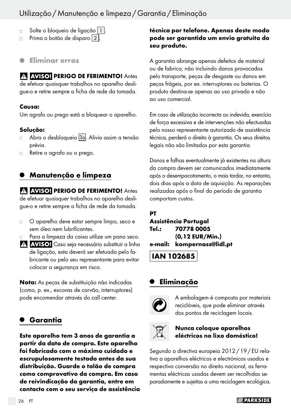 Eliminar erros, Manutenção e limpeza, Garantia | Eliminação | Parkside PHET 15 A1 User Manual | Page 26 / 44