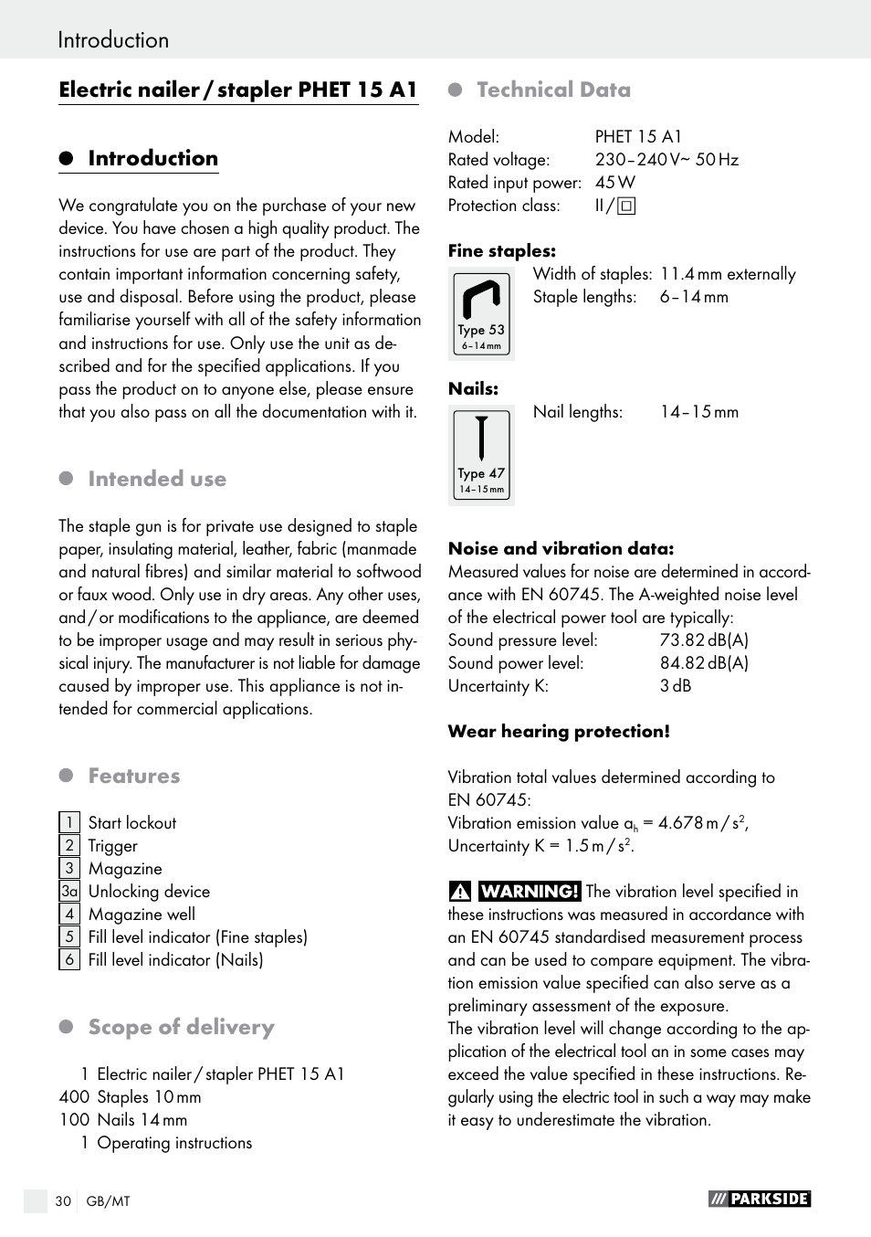 Electric nailer / stapler phet 15 a1, Introduction, Intended use | Features, Scope of delivery, Technical data | Parkside PHET 15 A1 User Manual | Page 30 / 44
