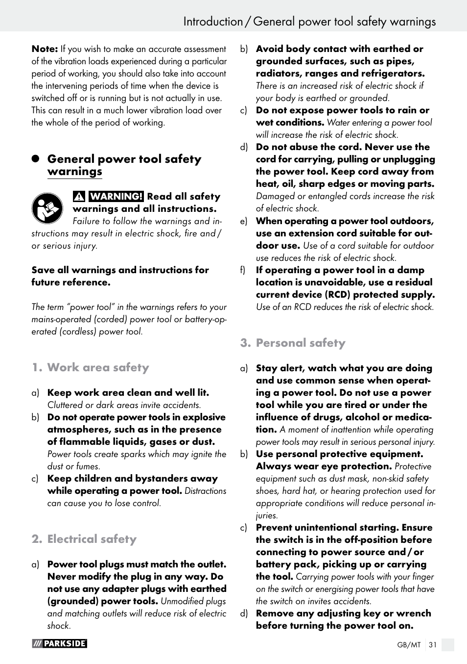 General power tool safety warnings, Work area safety, Electrical safety | Personal safety | Parkside PHET 15 A1 User Manual | Page 31 / 44