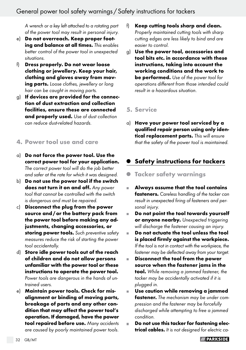 Power tool use and care, Service, Safety instructions for tackers | Tacker safety warnings | Parkside PHET 15 A1 User Manual | Page 32 / 44