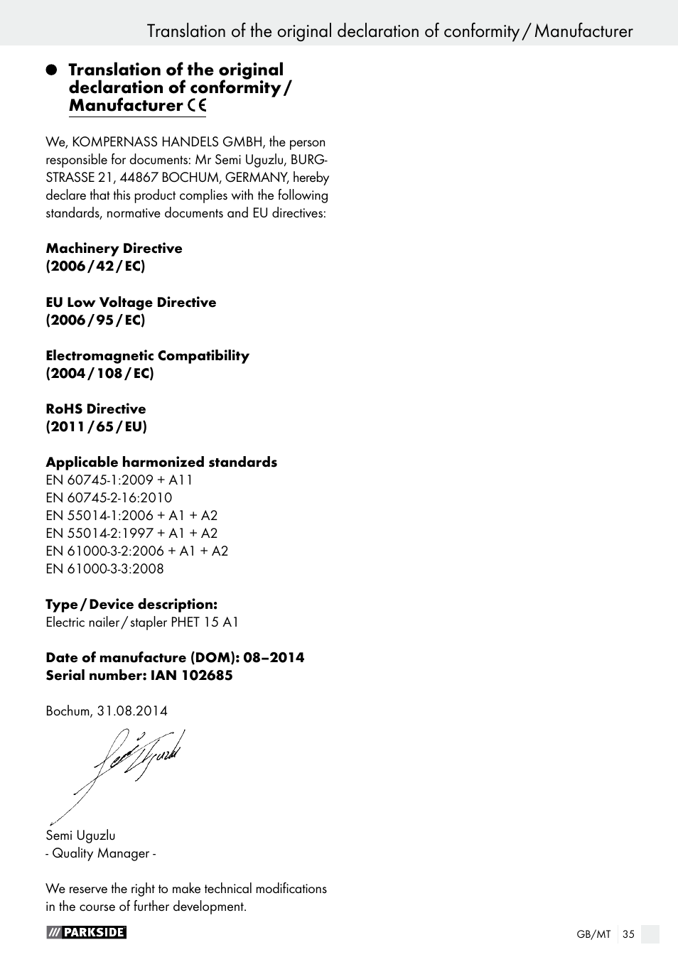 Warranty / disposal | Parkside PHET 15 A1 User Manual | Page 35 / 44
