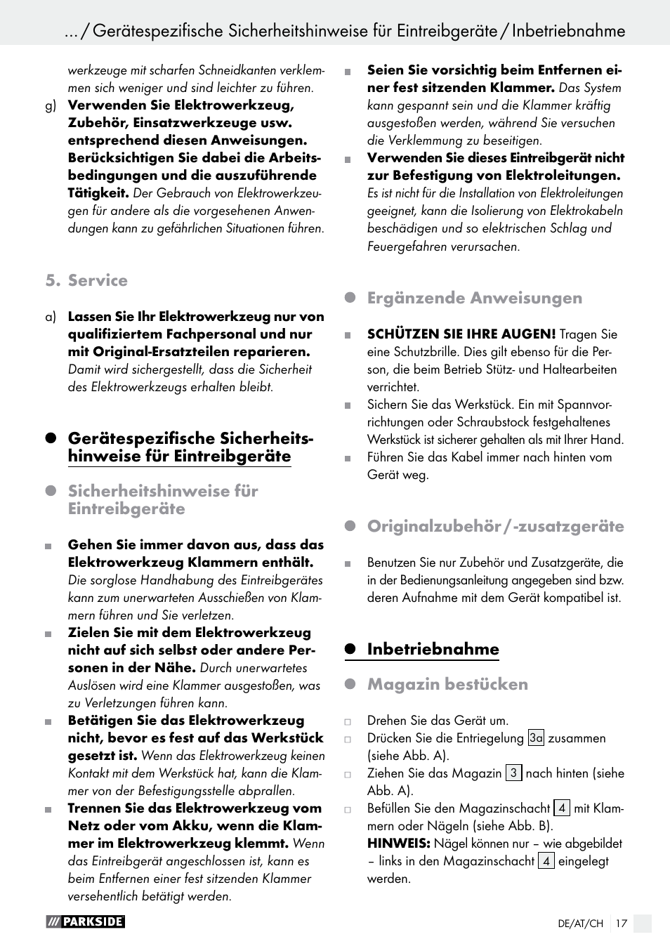 Service, Sicherheitshinweise für eintreibgeräte, Ergänzende anweisungen | Originalzubehör / -zusatzgeräte, Inbetriebnahme, Magazin bestücken | Parkside PHET 15 A1 User Manual | Page 17 / 27