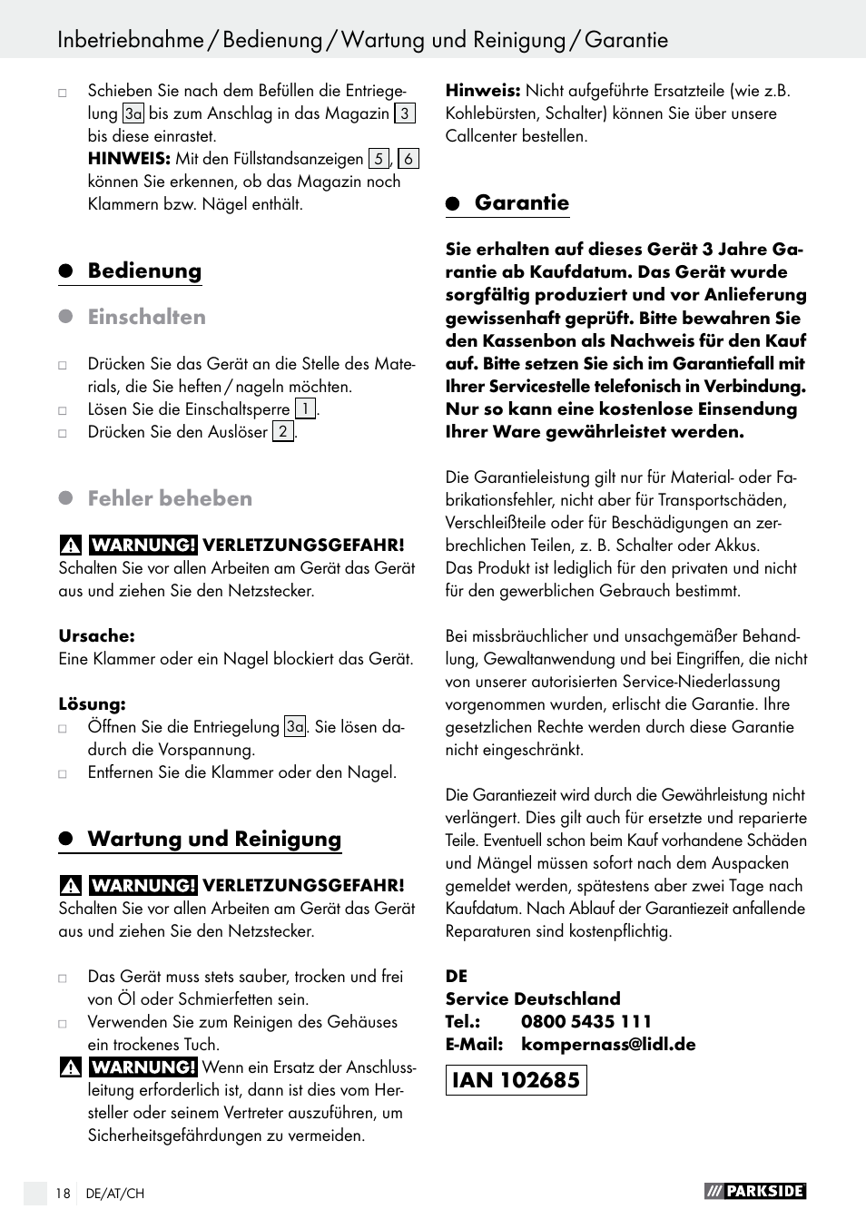 Bedienung, Einschalten, Fehler beheben | Wartung und reinigung, Garantie | Parkside PHET 15 A1 User Manual | Page 18 / 27