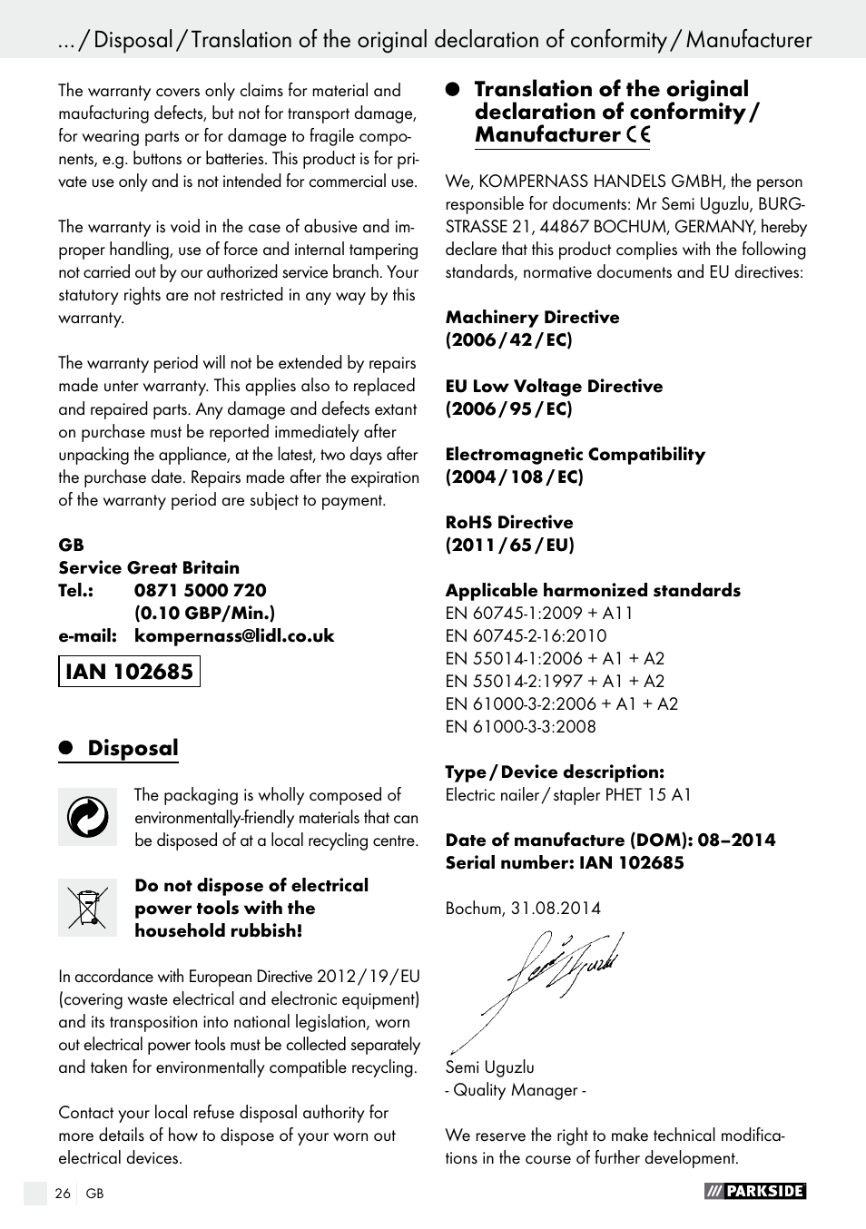 Parkside PHET 15 A1 User Manual | Page 26 / 27